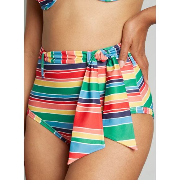 ModCloth Medium The Greta High Waisted Bikini Bottom Rainbow Stripe Tie Side - Picture 1 of 10